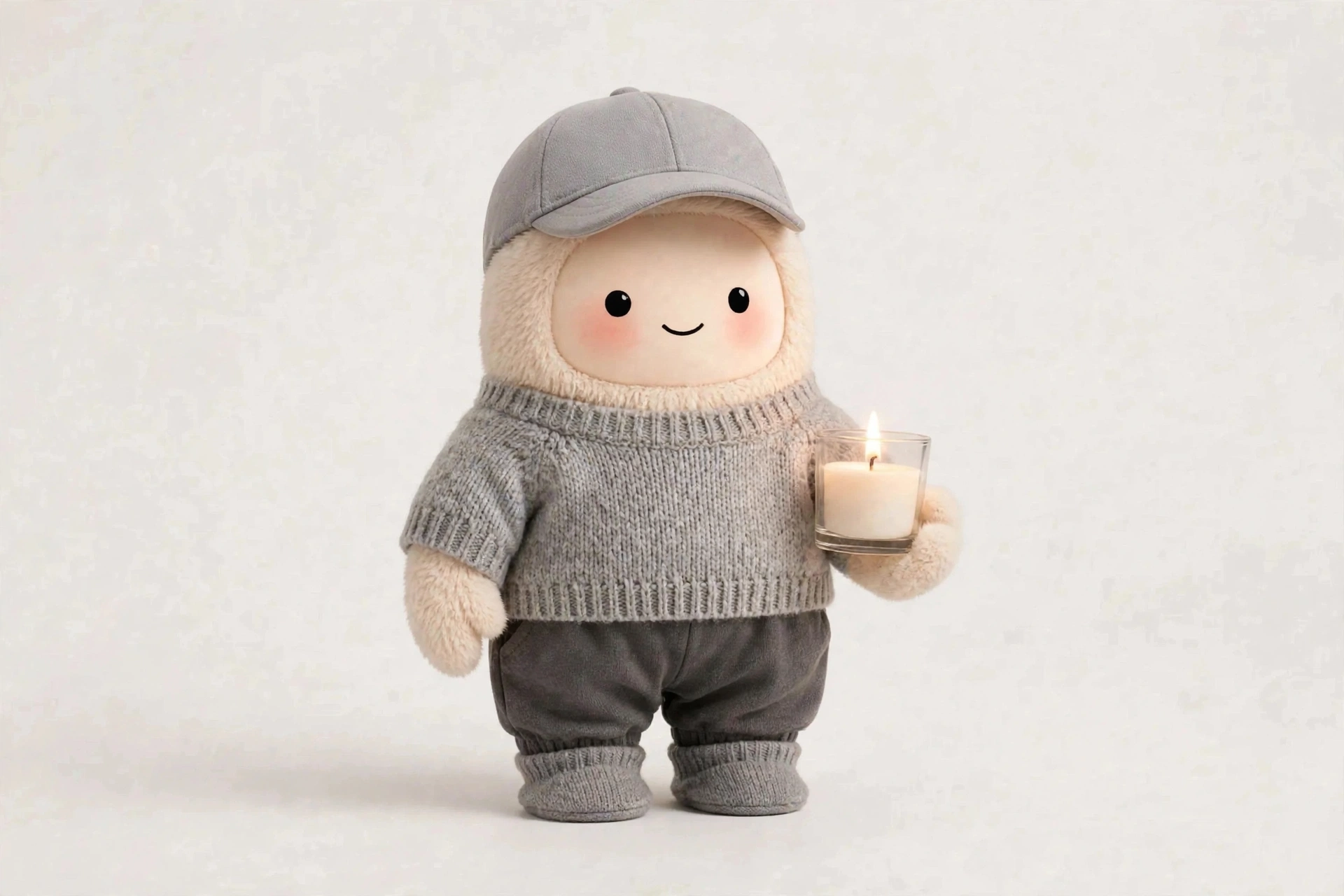 Grief Companion wearing Gentle Grey Knit — Soft and steady for a quiet day at home.