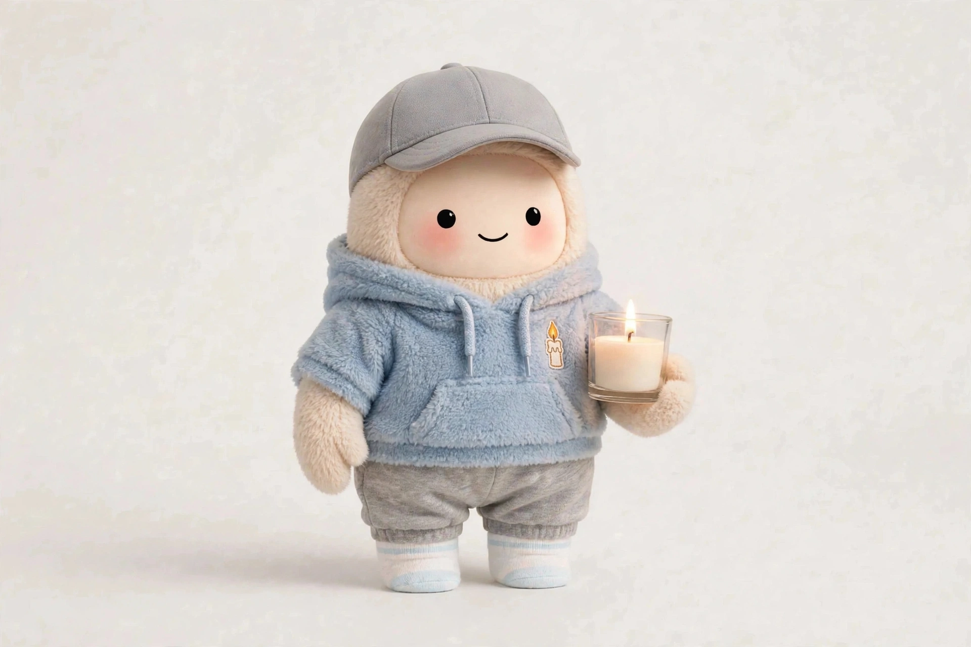 Grief Companion wearing Soft Blue Comfort — A calm blue set for resting and taking it slowly.