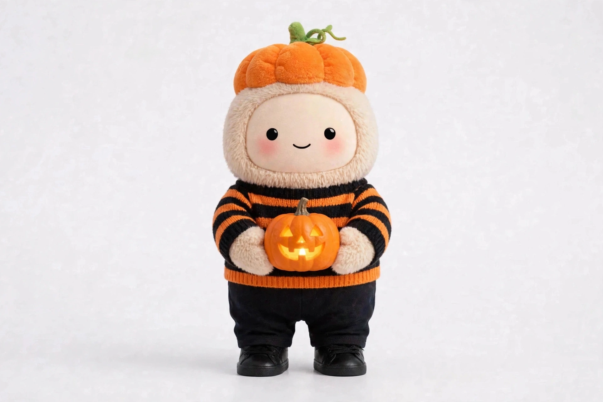 Pumpkin Storyteller wearing Trick Or Treat Night — Stripes and a pumpkin cap for trick-or-treat story night.
